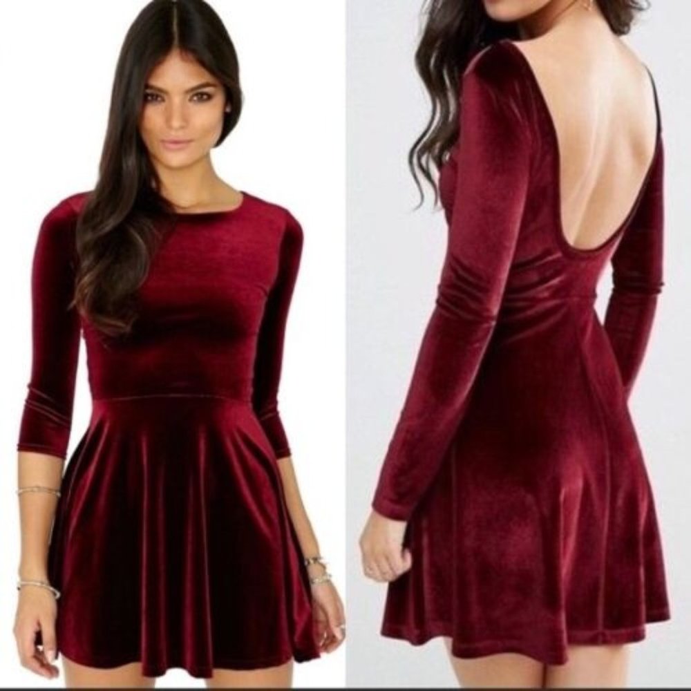 American Apparel Stretch Velvet Cabernet Skater Dress Size XS Low Open Back